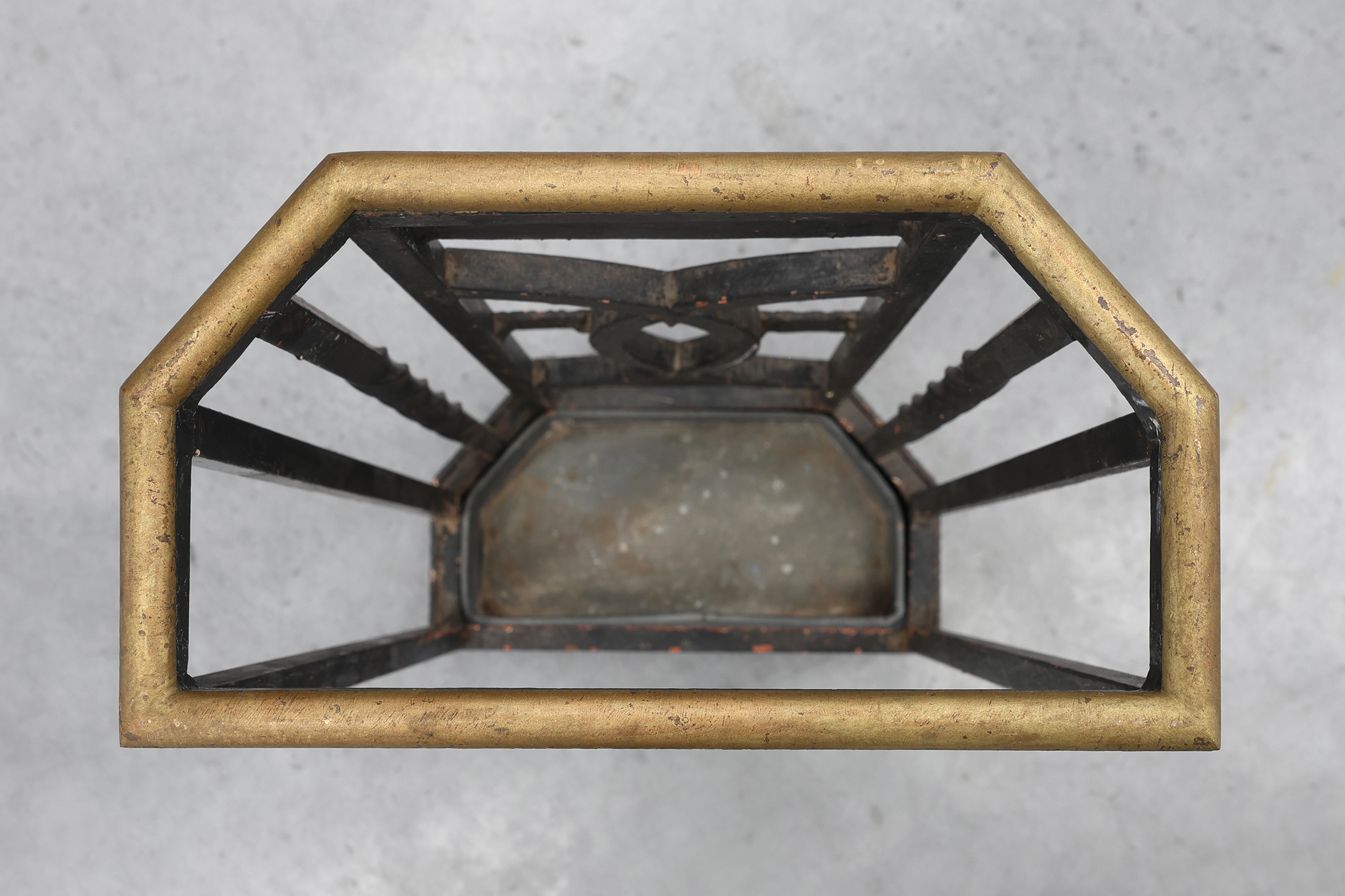 Art Deco metal umbrella stand with geometric openwork and brass rim, Belgium, 1920sthumbnail